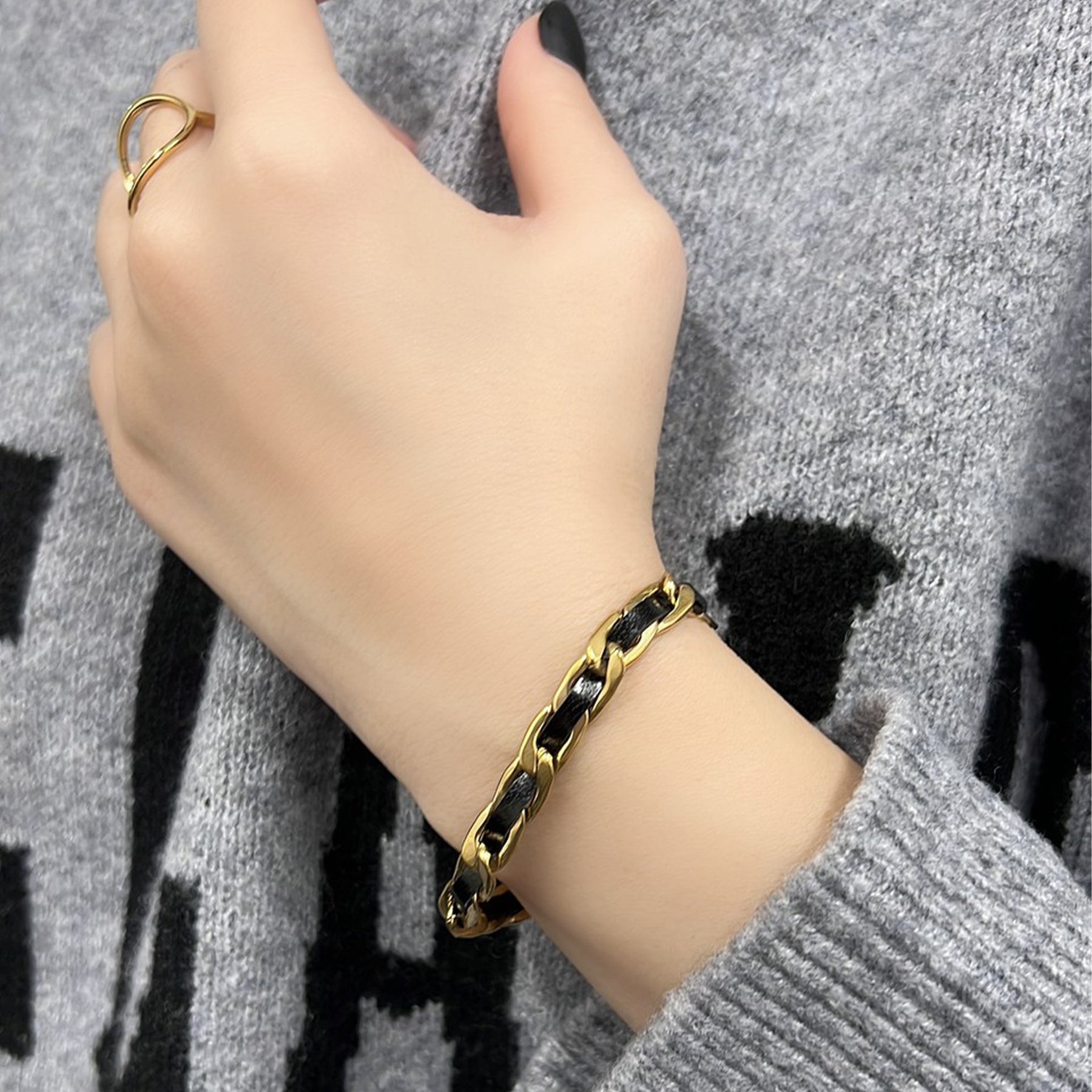 316L フェイクレザーチェーンブレスレット