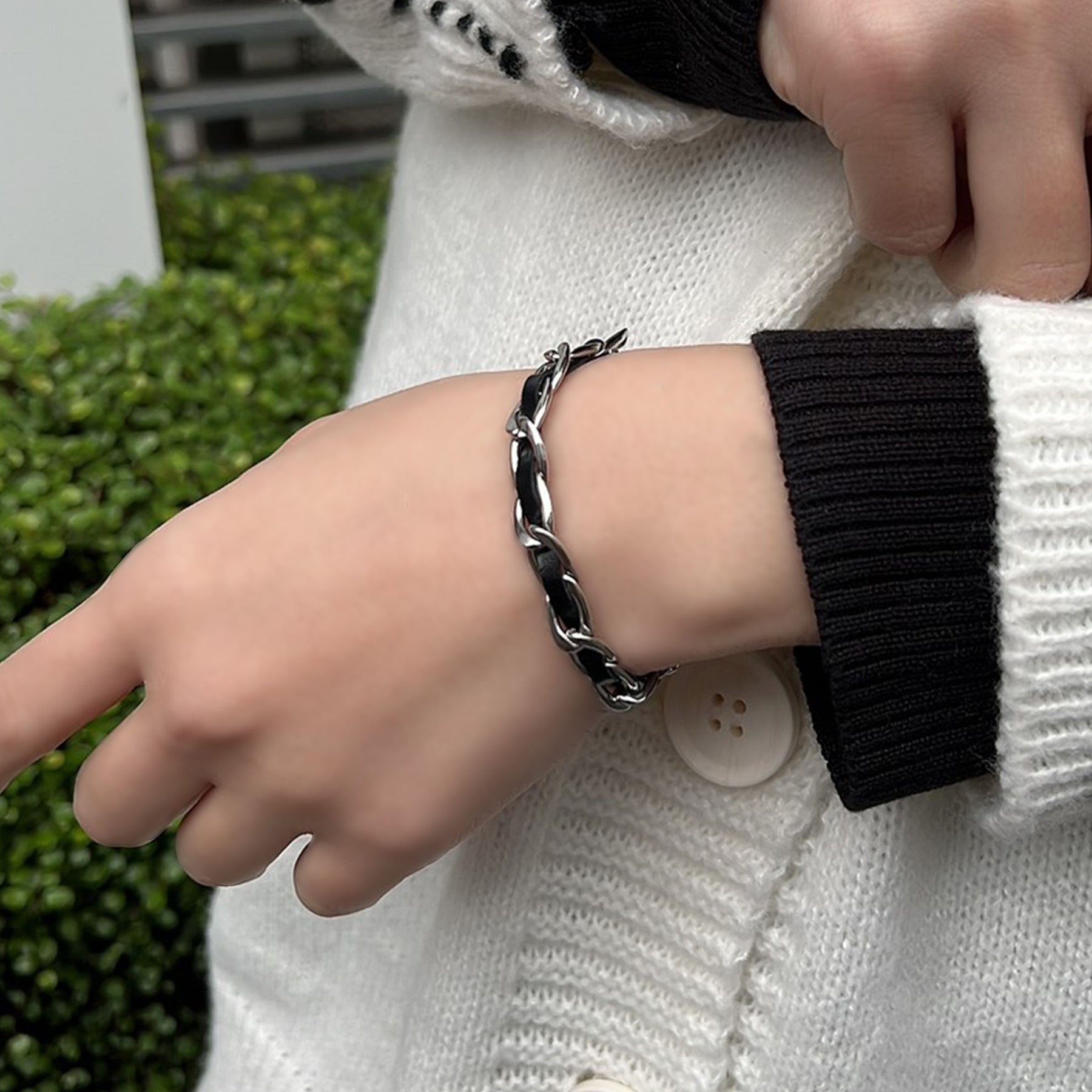 316L フェイクレザーチェーンブレスレット